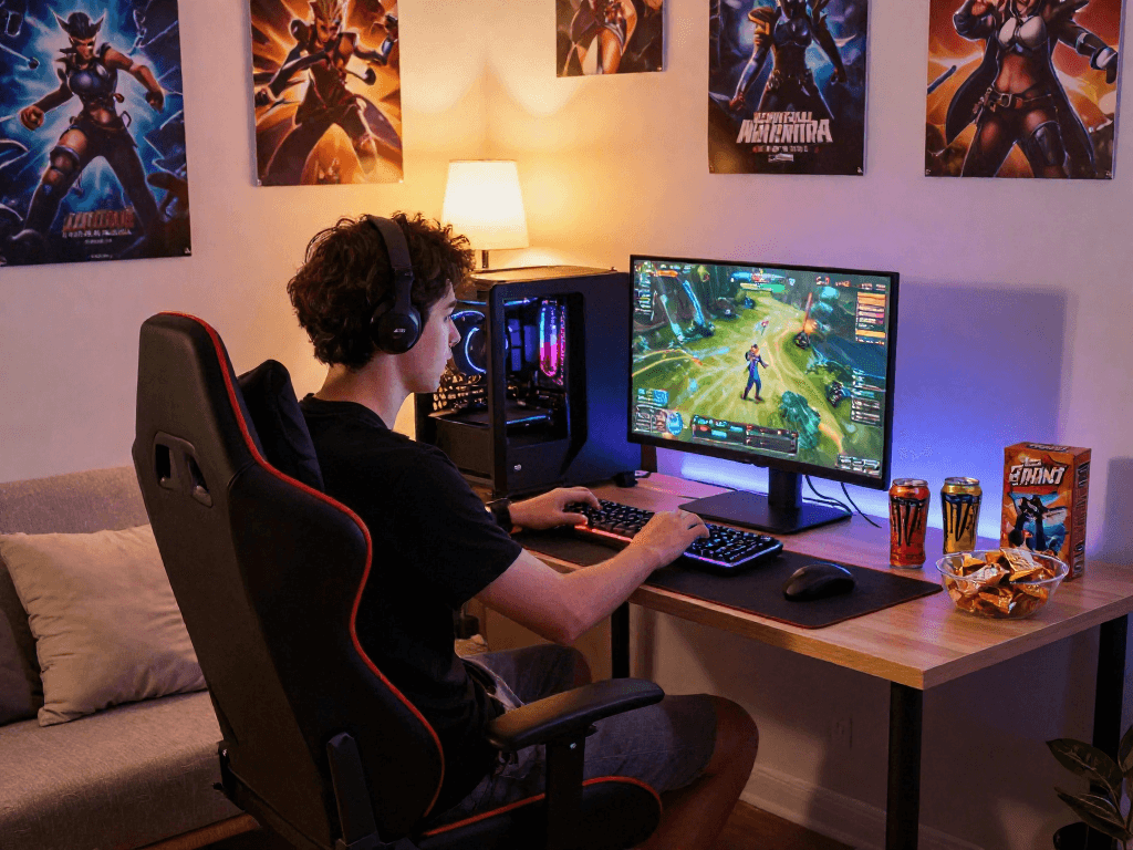 Intense gamer playing porngames in a cozy setup with LED lights and gaming gear.