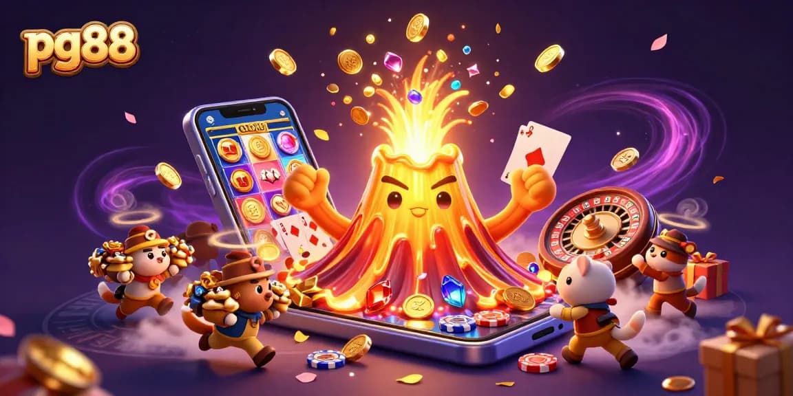 Engage with pg88's thrilling gaming experience, showcased in a vibrant 3D illustration featuring treasures and dynamic casino elements.