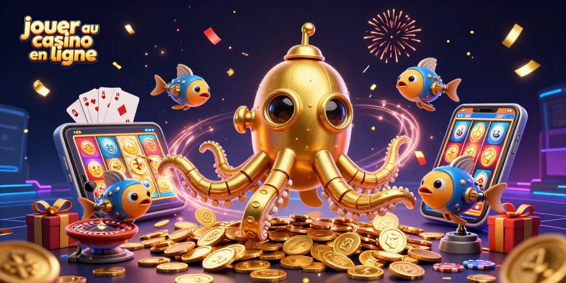 Jouer au casino en ligne tout en explorant des trésors marins d'or avec un kraken et des poissons mécaniques.