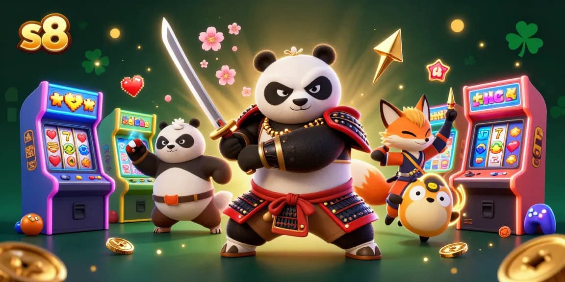 Engage in thrilling gaming with S8's immersive 3D panda samurai and ninja fox in a vibrant casino scene.