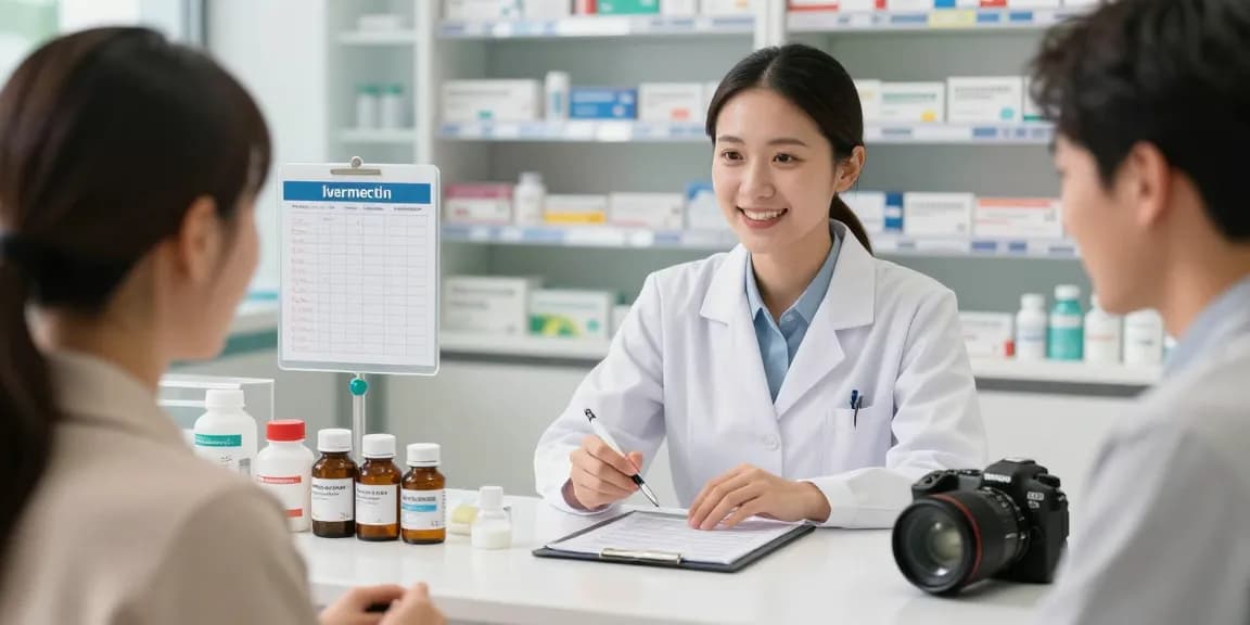 Ivermectin dosage for humans displayed safely in a pharmacy setting, emphasizing trust and care in health.