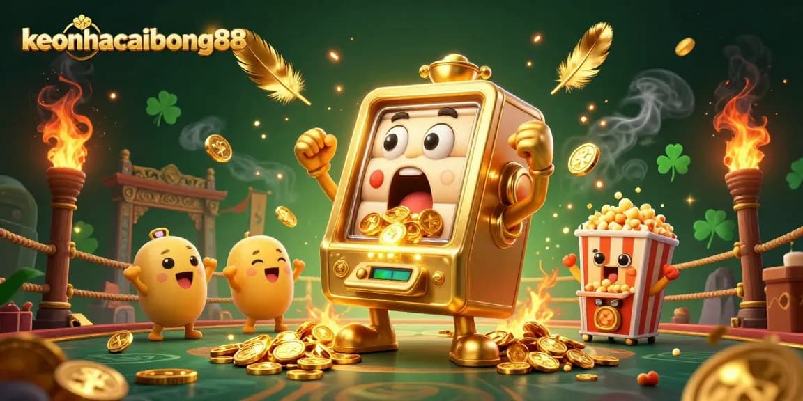 Spin to win at keonhacaibong88 with a golden slot machine hitting a jackpot surrounded by cheering baby slots.