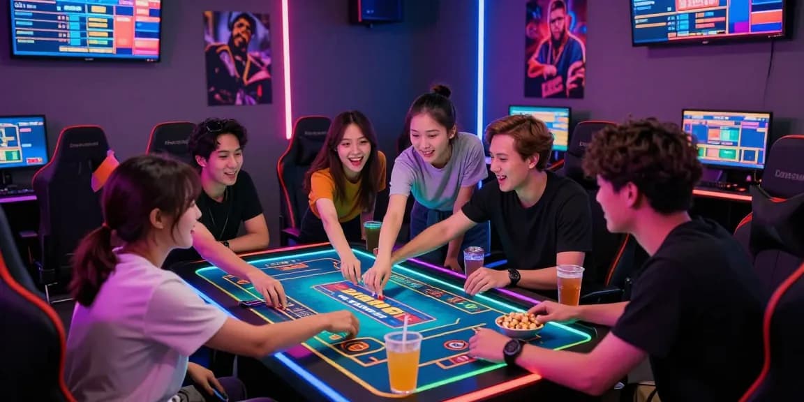 Friends enjoying tambakbet togel gaming experience in a vibrant lounge.