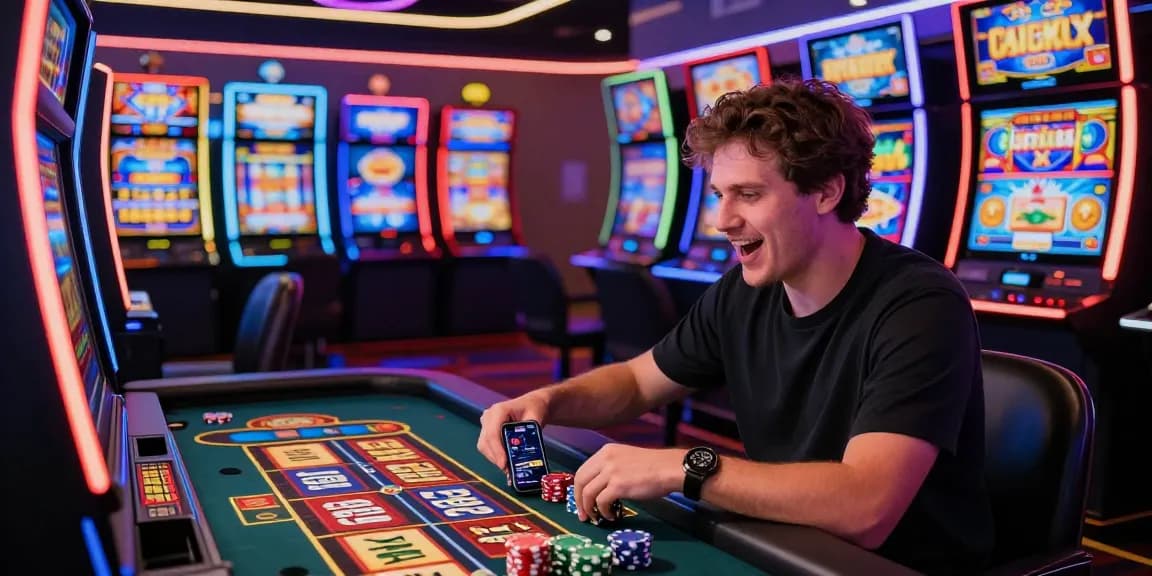 Player engaging with Fortune Ox slot machine in a vibrant casino atmosphere with neon lights.