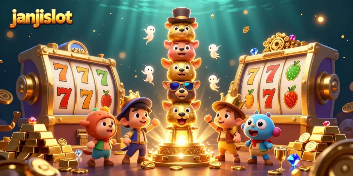 Experience the excitement of janjislot with vibrant slot reels and a golden totem pole in this captivating scene.