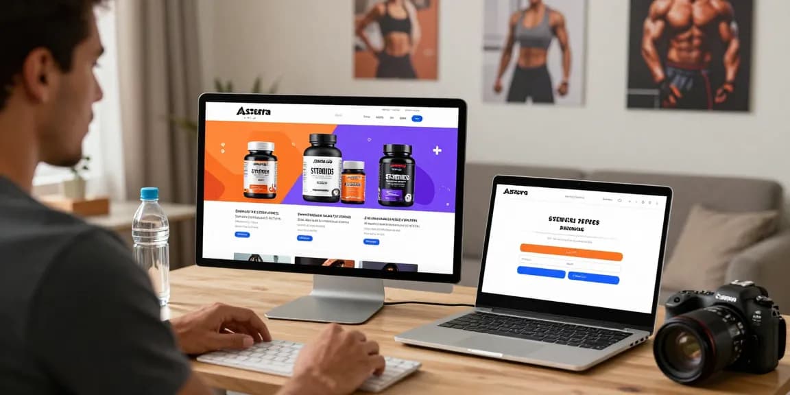 Shop ASTERA-LABS STEROIDS online at Astera Shop, featuring vibrant product displays in a cozy home office setup.
