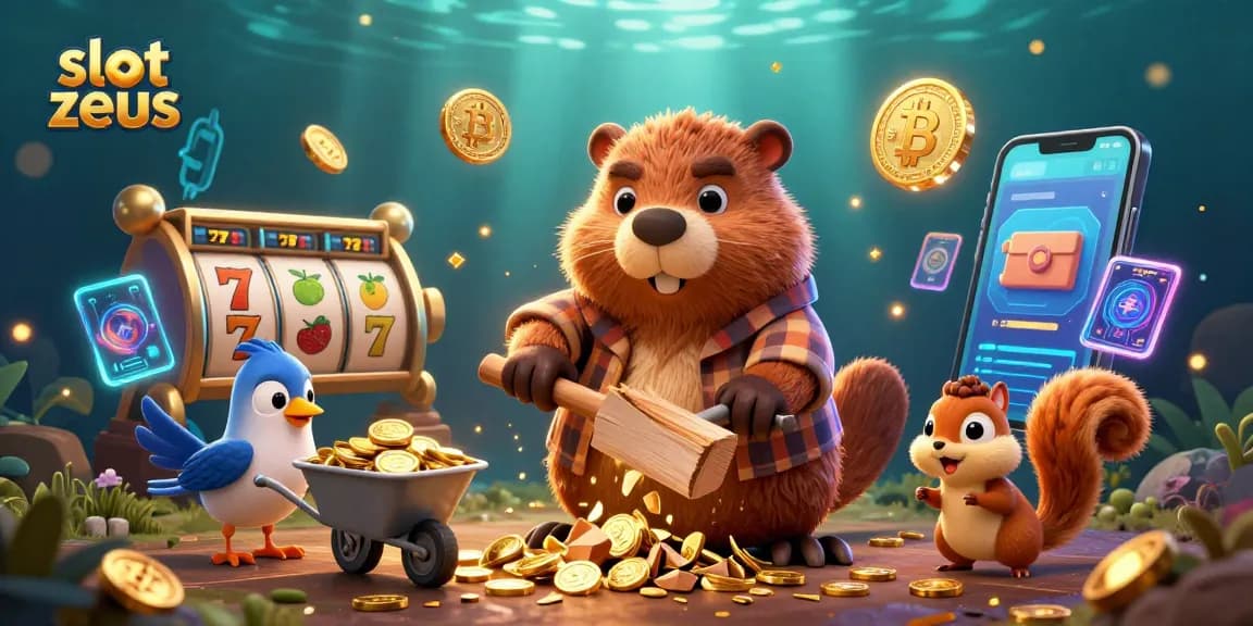Experience the thrill of slot zeus with animated characters collecting golden coins in a vibrant casino setting.