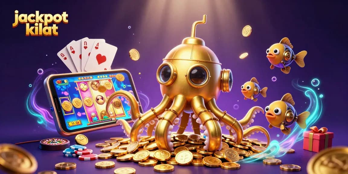 Experience jackpot kilat magic as a golden kraken submarine emerges from coins, celebrating gaming excitement.