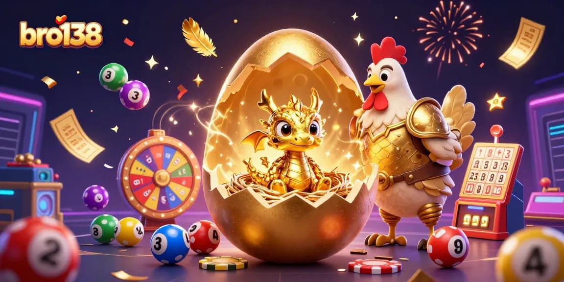 Engage with bro138 in an exciting illustration showcasing a golden egg and dragon, surrounded by dynamic lottery elements.