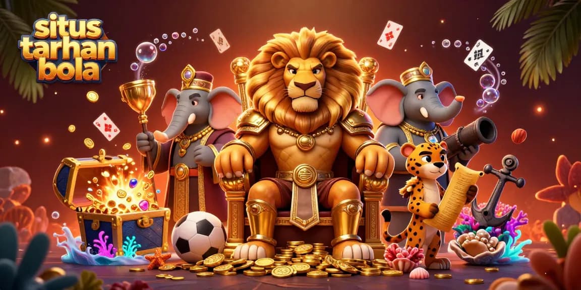 Situs taruhan bola illustrated scene with a lion king, elephant advisor, and cheetah messenger amidst sports betting elements.