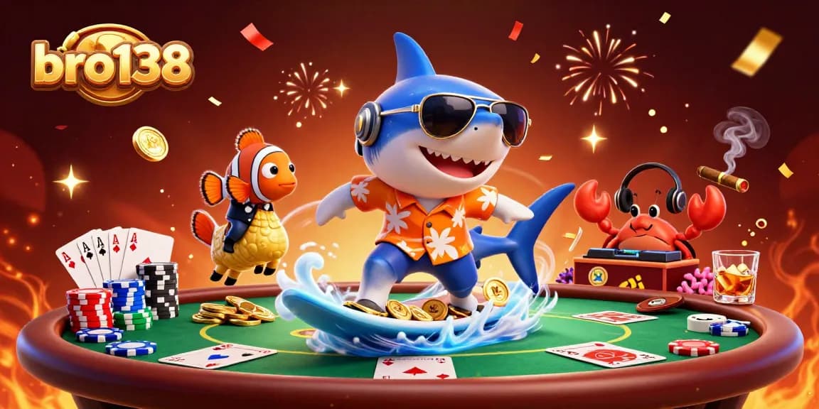 Experience gaming excitement with bro138 as a shark rides gold coins amid vibrant casino elements.