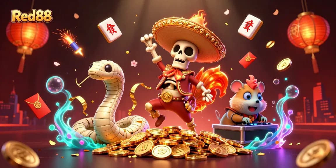 Win big at Red88 with a festive scene featuring lively characters celebrating amidst vibrant casino elements.