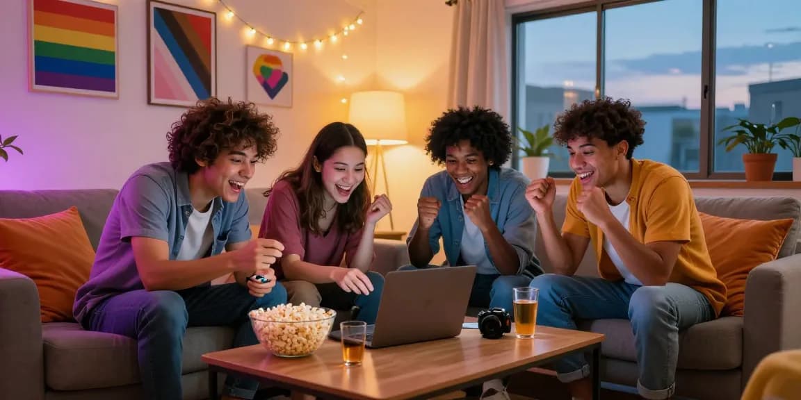 Group of friends enjoying a gay porn game together in a cozy living room, laughter and snacks creating a lively atmosphere.