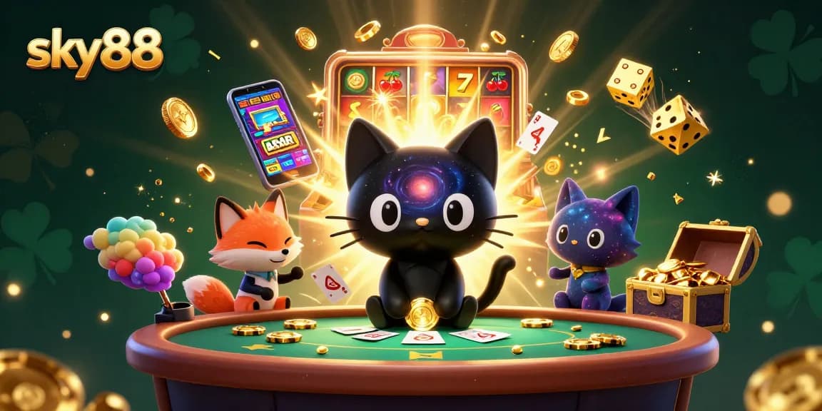 Engage in thrilling gameplay at sky88, featuring vibrant cartoon characters and exciting casino elements.