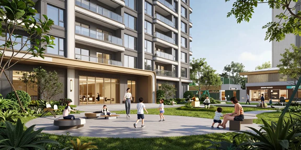 Dover Residences condominium with families enjoying community outdoor spaces and lively commercial amenities.