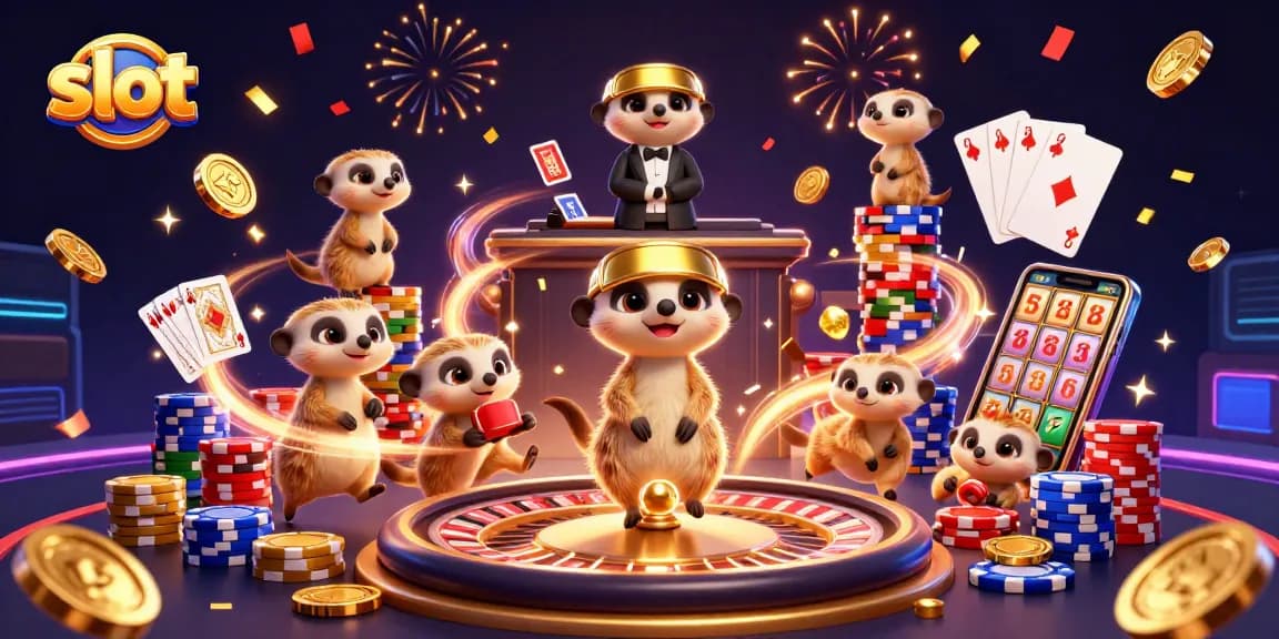 Experience thrilling slots action with lively meerkats in a vibrant casino environment, showcasing excitement and winning opportunities.