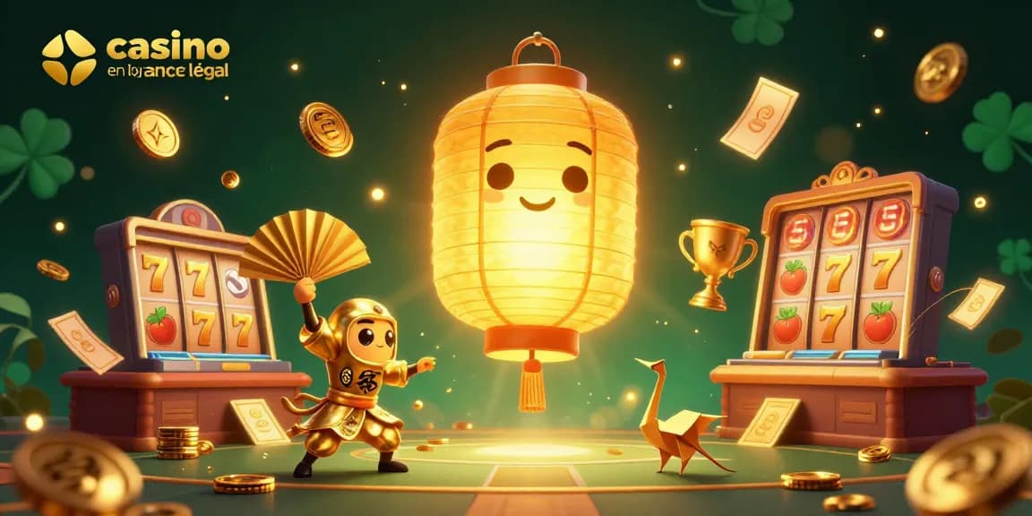 Illustration dynamique de casino en ligne légal en France avec des personnages en 3D et des éléments de jeux captivants.