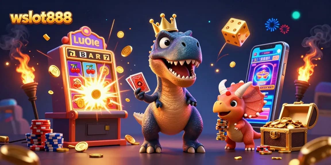 wslot888 rasakan keseruan bermain slot dengan T-Rex kartun bers crown emas di tengah permainan kasino yang penuh warna.