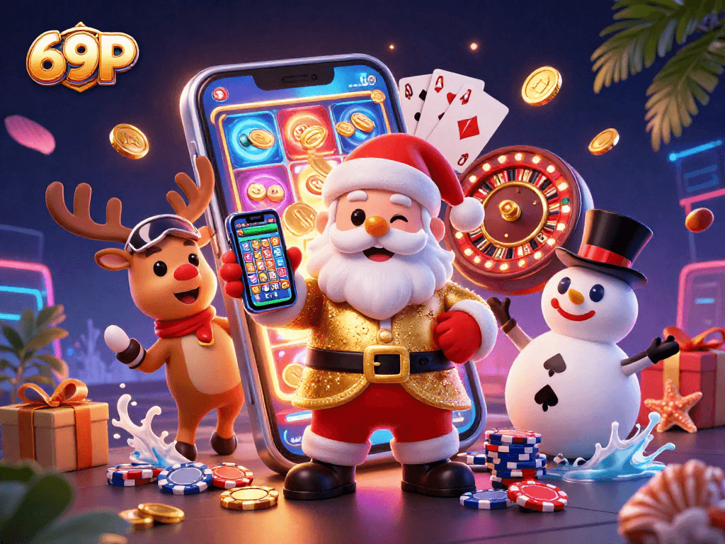 O 69P traz diversão com um Papai Noel em um cassino, mostrando slots premiados e diversão garantida!