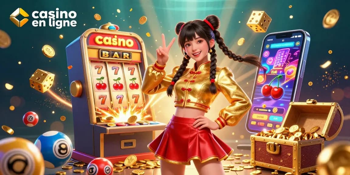 Jouez à des jeux de casino en ligne passionnants avec des personnages vibrants, des machines à sous colorées et des gains de jackpot dans une scène captivante.