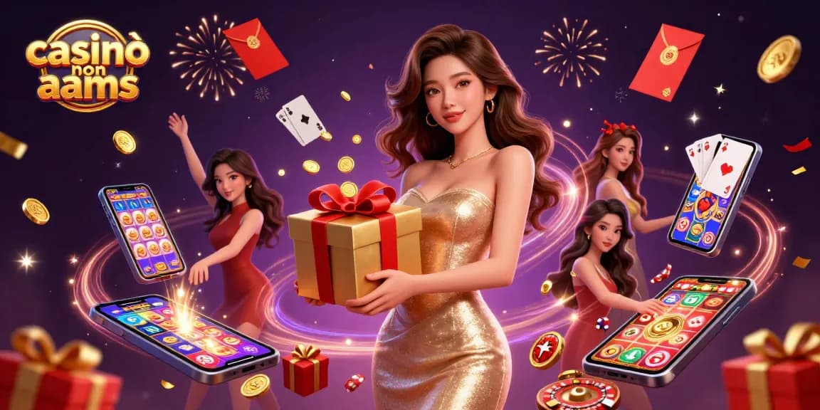 Vivi l'emozione con casinò non aams, caratterizzati da una scena glamour con una donna asiatica accogliente e dinamici elementi del casinò.