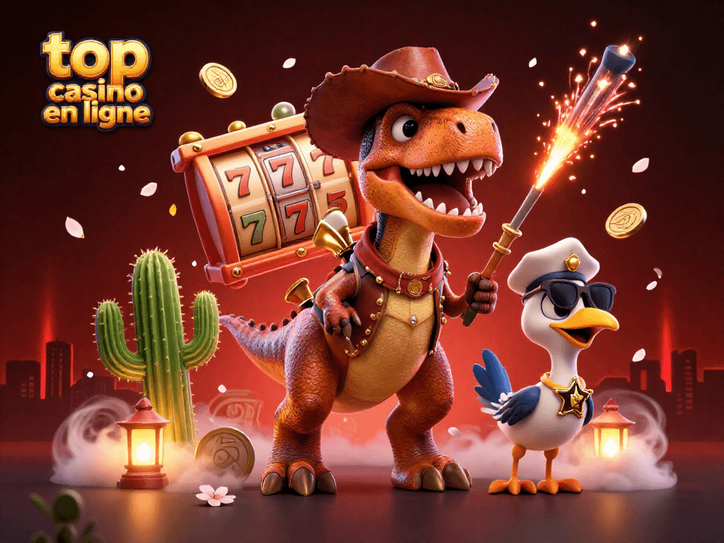 Jouez dans un meilleur casino en ligne avec un T-Rex et ses amis, entourés de machines à sous et de jeux d'argent.