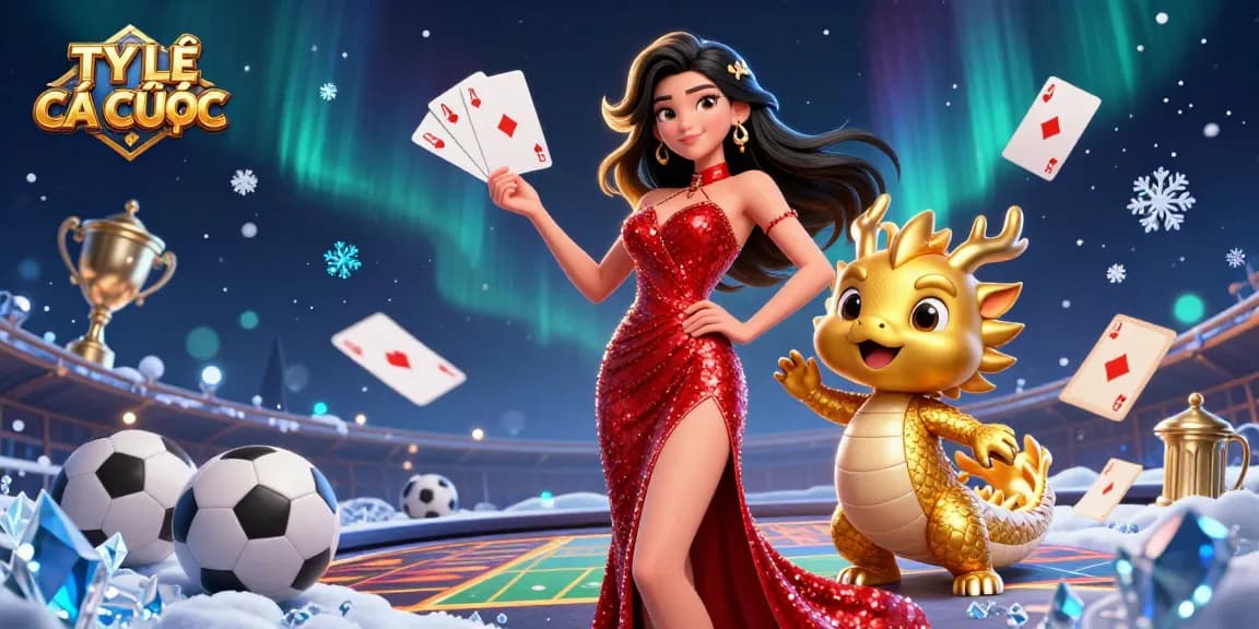 Engage with TỶ LỆ CÁ CƯỢC in this vibrant sports betting illustration featuring an elegant Asian woman and dynamic gaming elements.