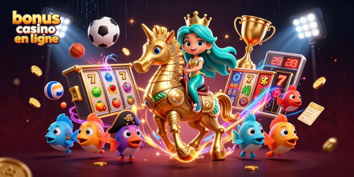 Bonus de casino en ligne : plongez dans un monde de jeux avec une princesse sirène et des éléments de casino colorés.
