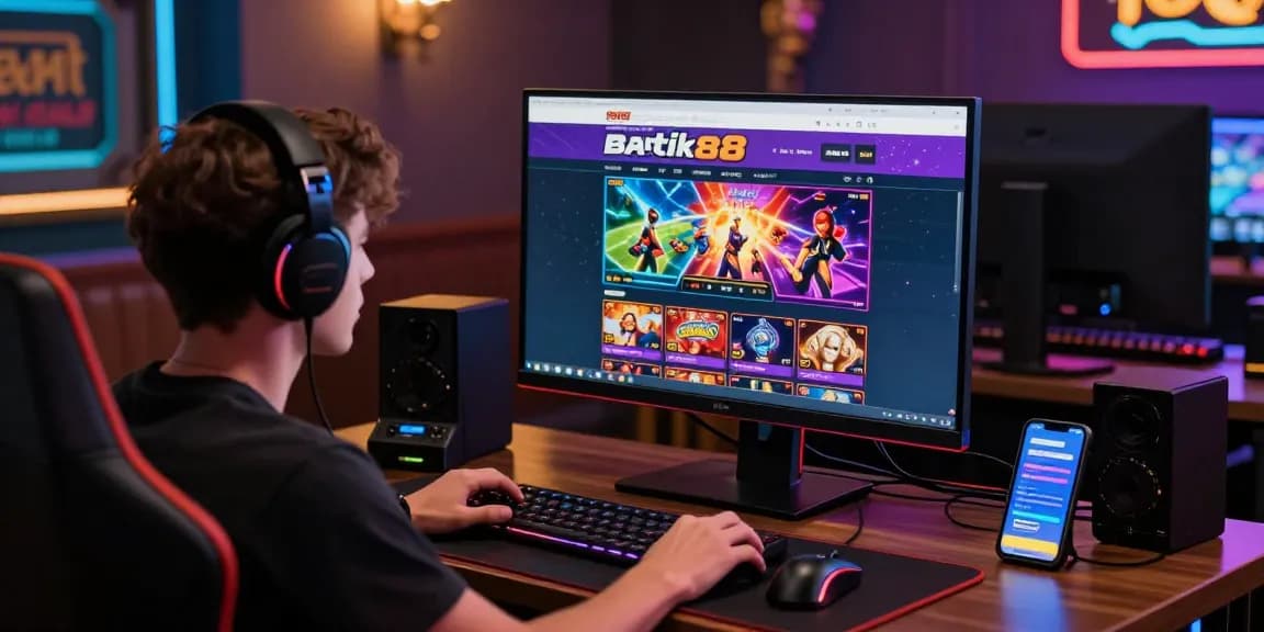 Pengguna Batik88 sedang bermain game online di ruang permainan modern.