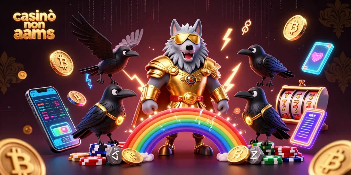 Interagisci con un paesaggio casinò vibrante che presenta elementi di casinò non AAMS come monete al neon e slot machine.