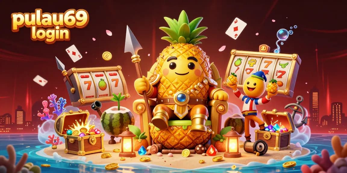 Engage with pulau69 login at an exciting beach casino illustrated with vibrant characters and casino elements.