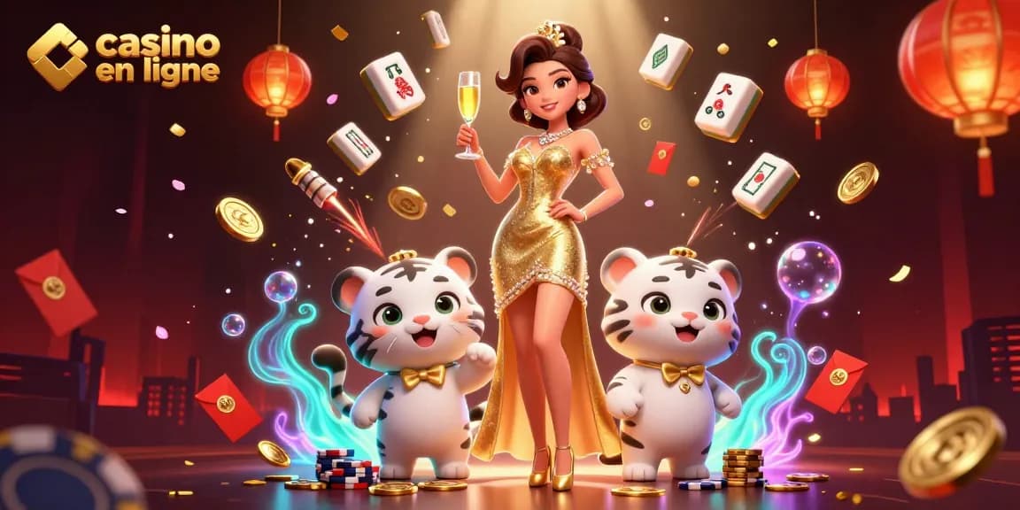 Vivez le frisson du casino en ligne avec des personnages glamoureux au milieu de pièces d'or et d'éléments festifs.