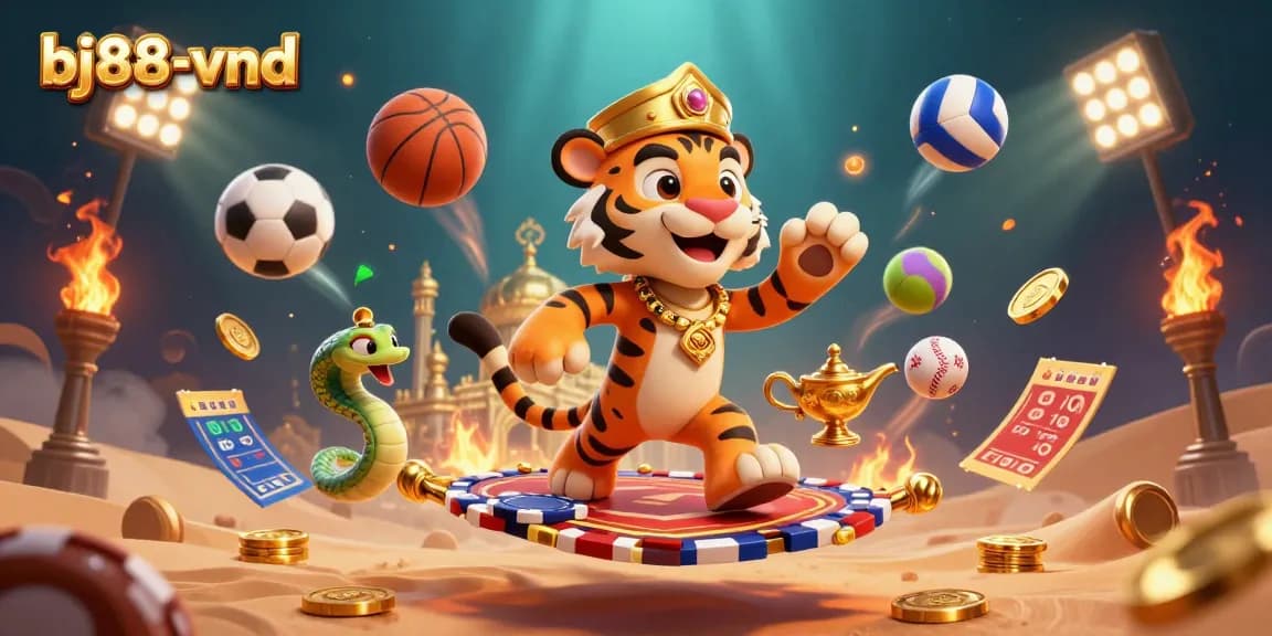 Bets soar at bj88-vnd with an exotic tiger sultan and dynamic sports elements in a rich 3D casino scene.