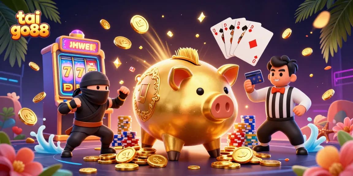 Engage with tai go88 as the golden piggy bank sumo wrestler captures a vibrant casino scene filled with sparkling coins.