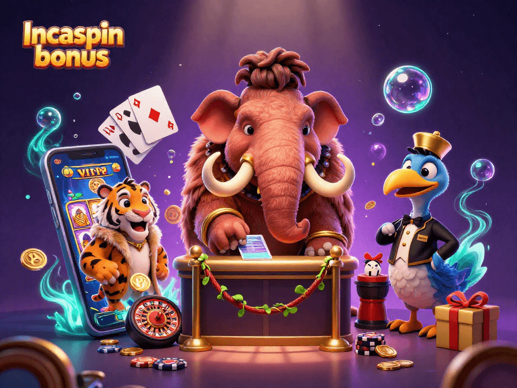 Experience the Incaspin bonus as the woolly mammoth checks IDs at a vibrant casino entrance.