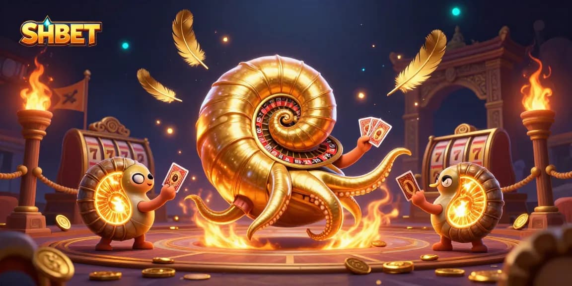 Win big with SH BET's vibrant casino scene featuring a giant nautilus roulette wheel and glowing ammonite companions.