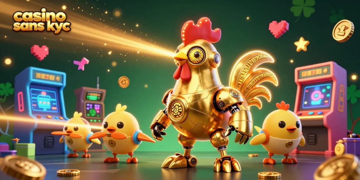 Profitez du casino sans KYC avec la sécurité d'un robot doré futuriste et des jeux arcades colorés.