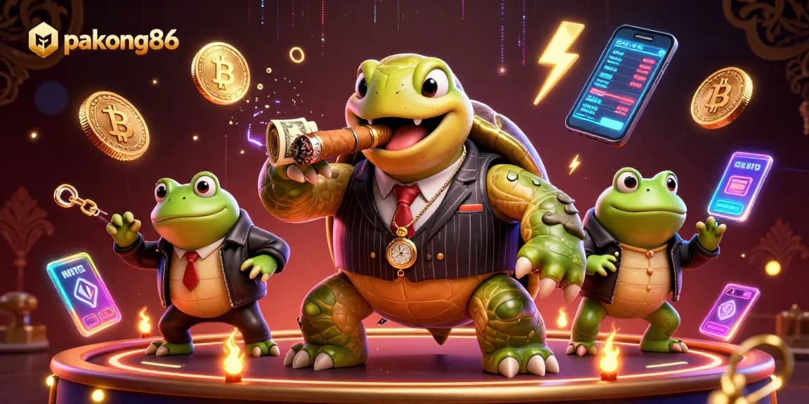 Experience thrilling gaming strategies with pakong86's vibrant casino scene, showcasing crypto elements and characters.