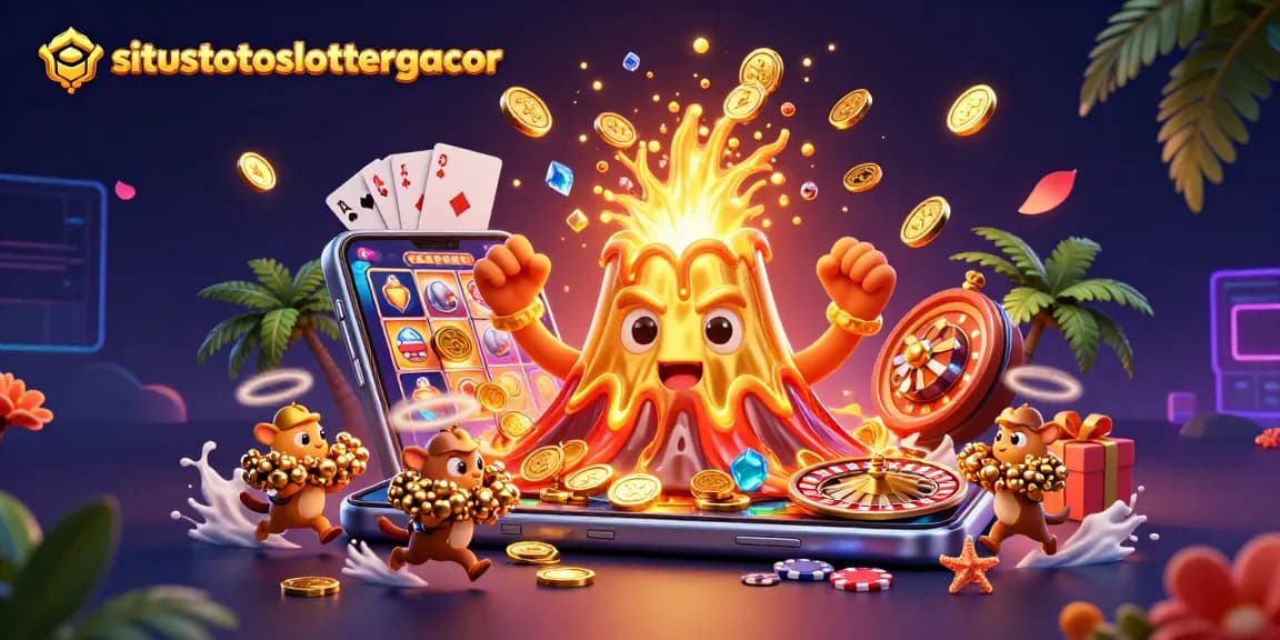 Experience the thrill of winning with situstotoslottergacor as treasure erupts from the volcano in this vibrant casino illustration.