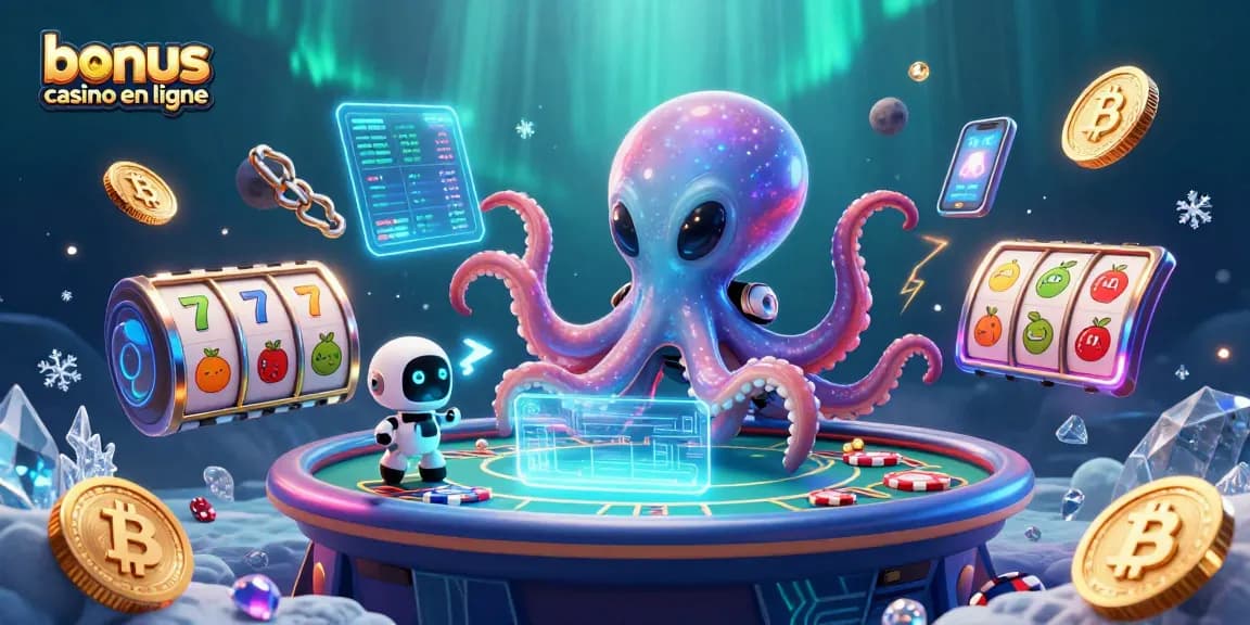 Profitez d'un bonus casino en ligne avec un poulpe extraterrestre jouant au poker dans une scène dynamique.