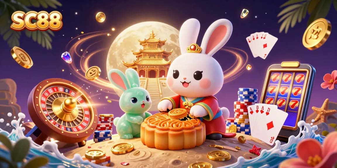 SC88 offers a captivating lunar casino scene with a moon rabbit, poker chips, and vibrant game elements.