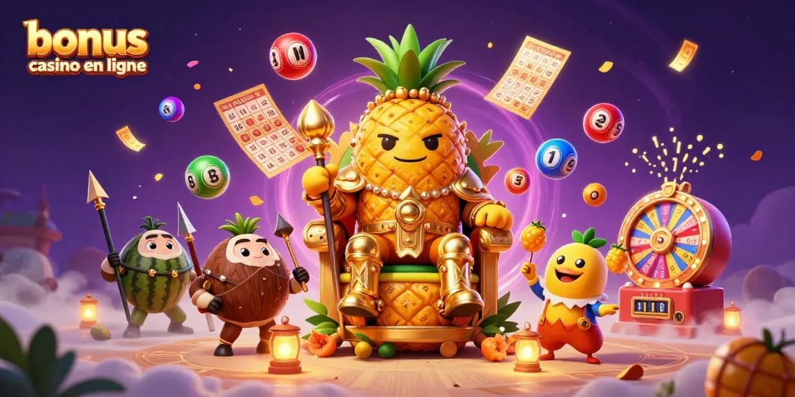Profitez des gains passionnants avec le bonus casino en ligne, illustrations vibrantes de jeux et personnages.
