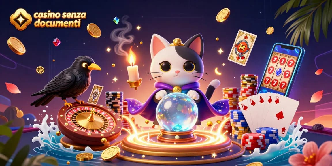 Scopri il casino senza documenti con incantevoli visuali di un gatto mistico e un corvo dei tarocchi in azione.