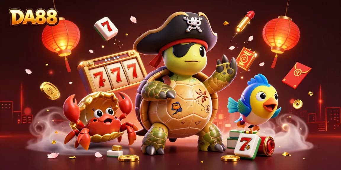 Engage in thrilling casino action at DA88, featuring a pirate turtle, hermit crab, and slot game elements.