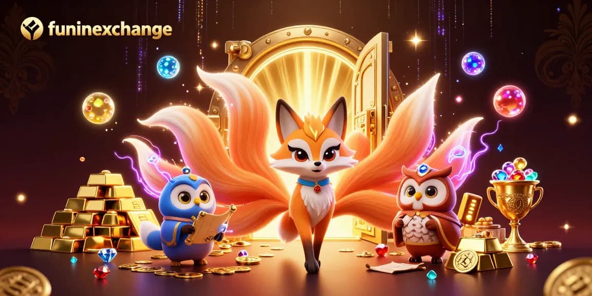 Engage with funinexchange's vibrant 3D illustration featuring magical characters amidst treasure and gaming elements.
