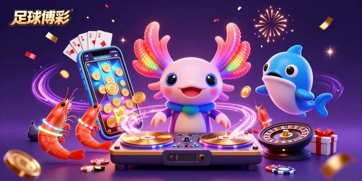 足球博彩中，五彩斑斕的3D插圖展現DJ、舞蹈蝦和人氣魚於熱烈的博彩現場。