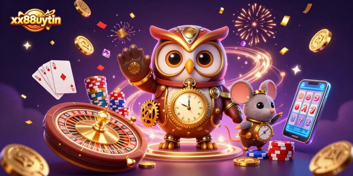 xx88uytin showcases a vibrant 3D cartoon illustration of a time-traveling owl and mouse in a lively casino scene.