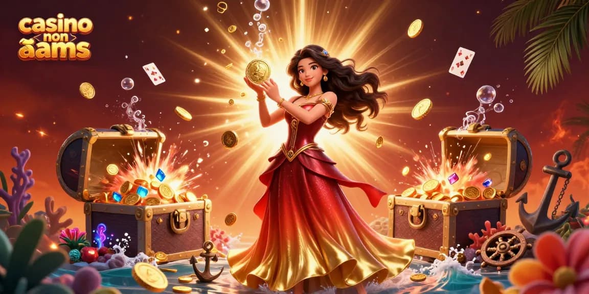 Scopri il brivido del casino non aams mentre una splendida donna asiatica tiene una moneta d'oro in mezzo a una pioggia di gemme e monete.