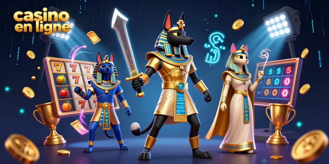 Découvrez des jeux de casino en ligne captivants avec Anubis et Bastet dans une scène animée.