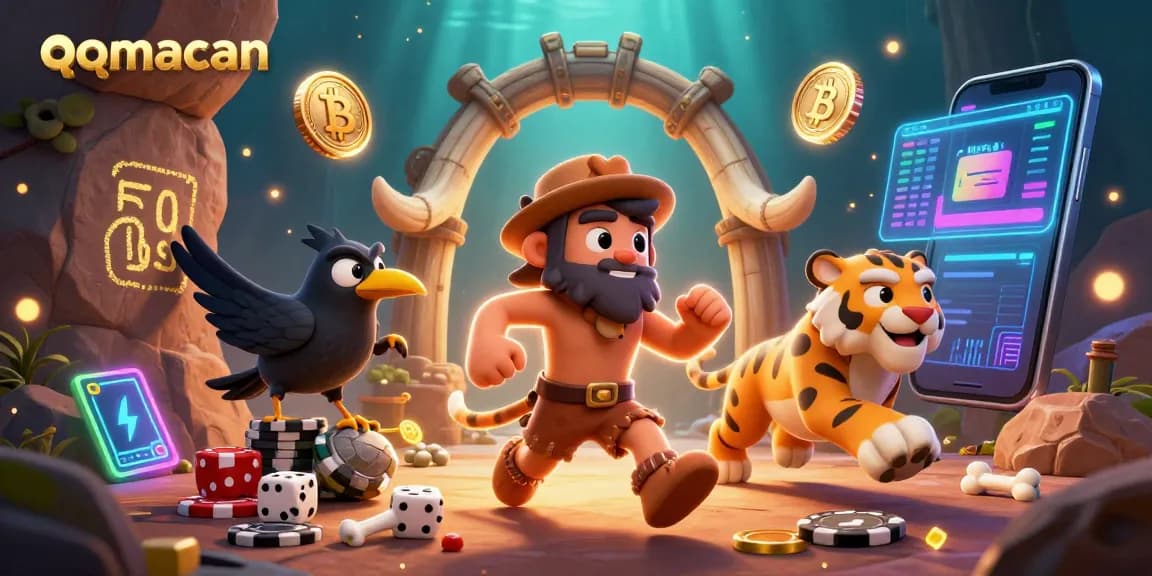 Experience thrilling gameplay with qqmacan as cavemen and tigers run a prehistoric casino filled with vibrant game elements.